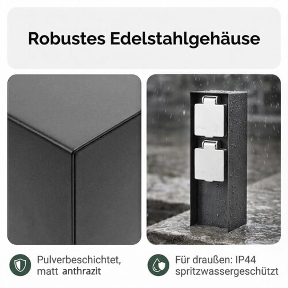 LED Universum Gartensteckdose aus Edelstahl, IP44 für aussen, 23cm (Anthrazit 2-fach), Anthrazit 2-f