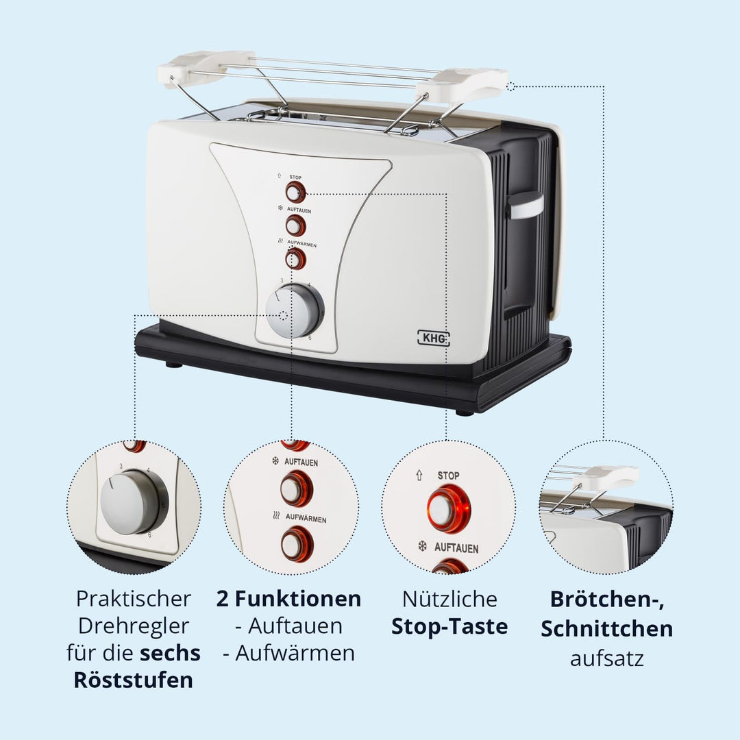 KHG Toaster TO-802WS | Toaster 2 Scheiben Weiss 800 W | mit Brötchenaufsatz, 6 Bräunungsstufen mit B