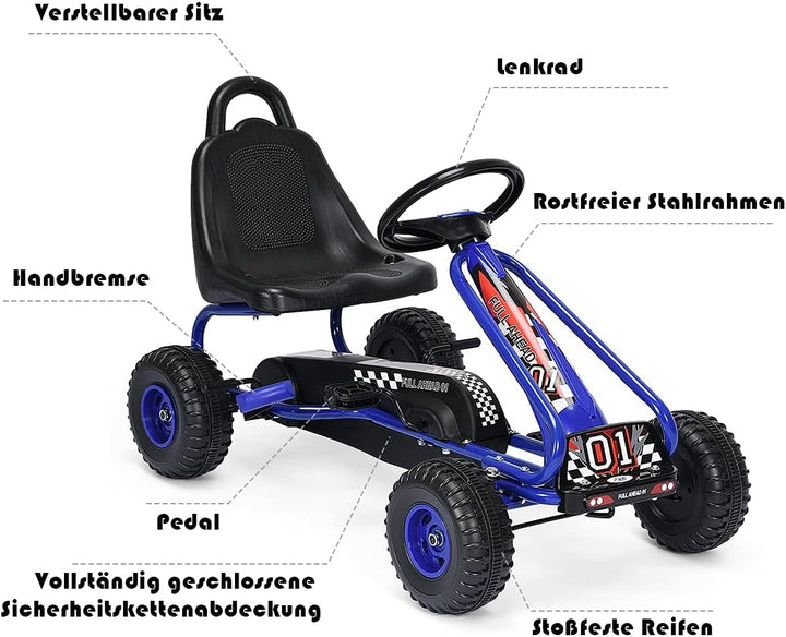 FANTASK Gokart ab 3 Jahren, Tretauto Tretfahrzeug mit verstellbarem Sitz und Handbremse, Go Cart bis