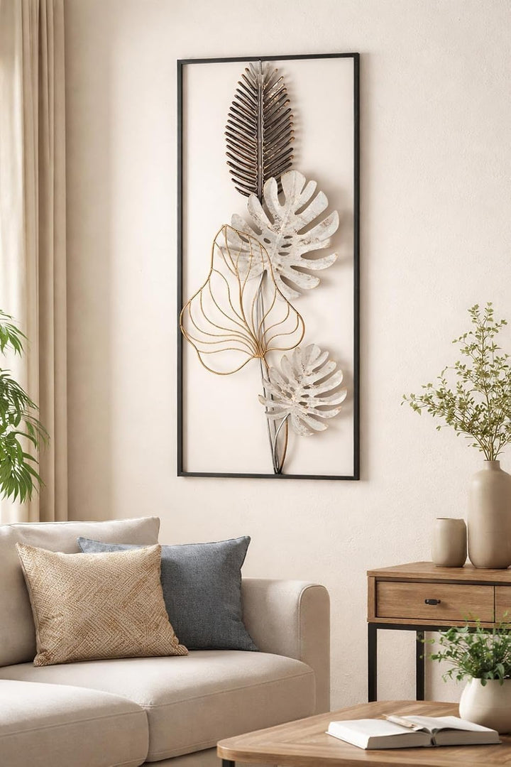 Kobolo Wandbild Monstera, 29x74x3 cm, Metall, schwarz-gold-weiss, modernes Metallbild, stilvolle Wan