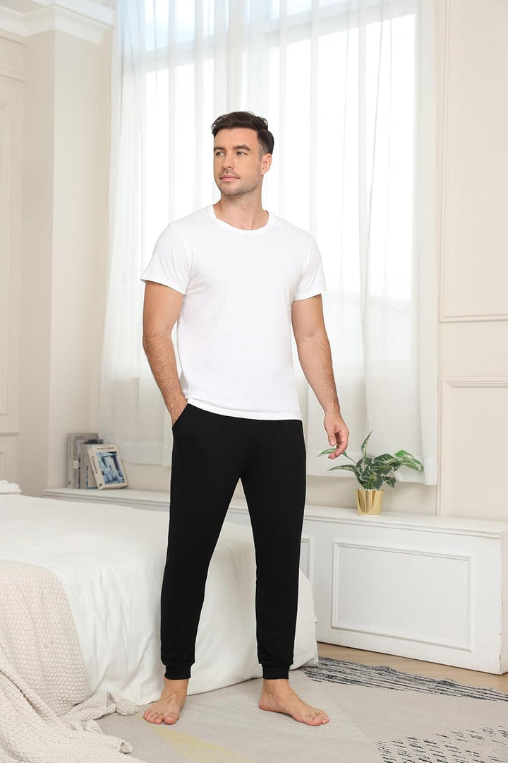 MoFiz Herren Schlafanzughose Lang Weiche Pyjamahose Schlafhose Weite Loungewear M 2 Pack- A (Bündche