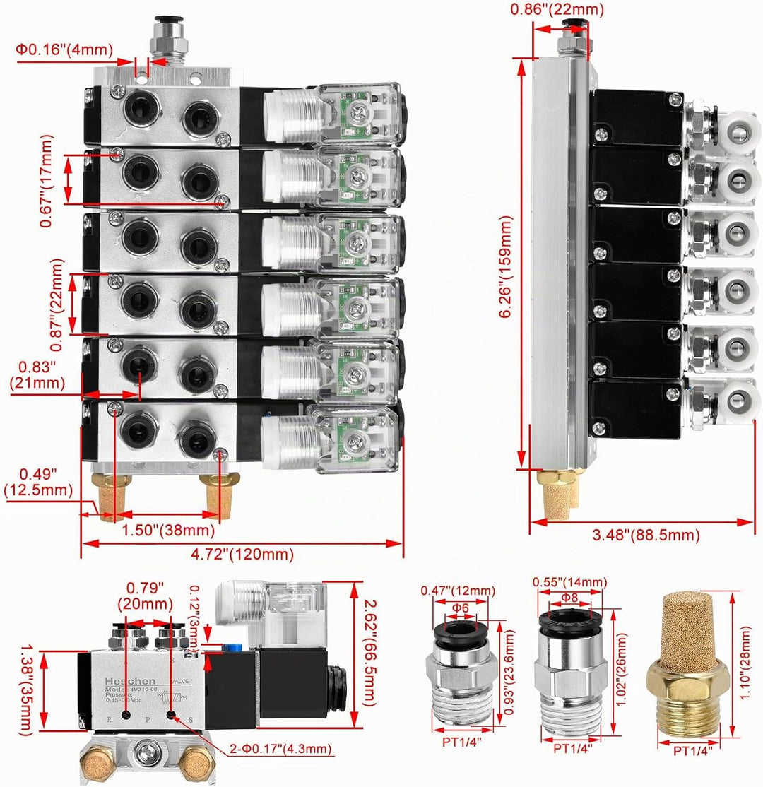 Heschen, elektrisches pneumatisches Magnetventil, 4V210-08, 6 Stück, DC 24 V, PT1/4, 5 Wege 2 Positi