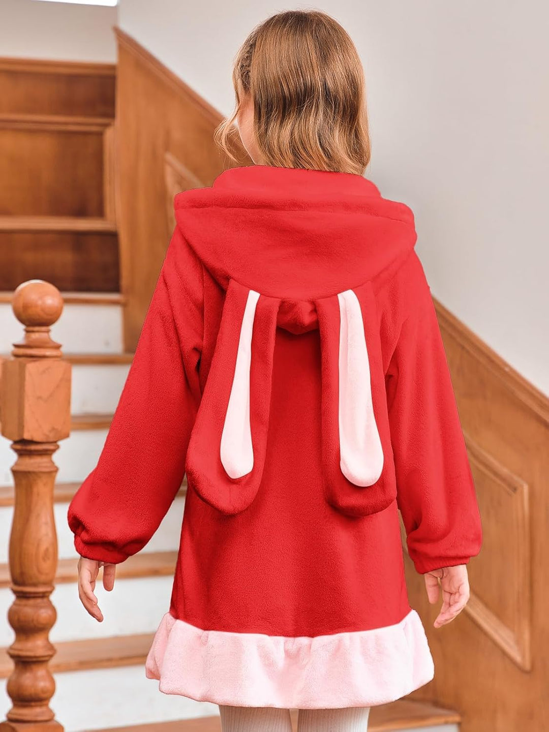 Haloumoning Mädchen Kapuzenjacke Niedlich Fleece Sweatjacke mit Reissverschluss und 2 Taschen Rot 8-