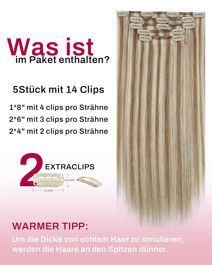 Moresoo Clip in Extensions Echthaar Braun mit Blond Remy Echthaar Extensions Clip Doppelt Tressen Cl