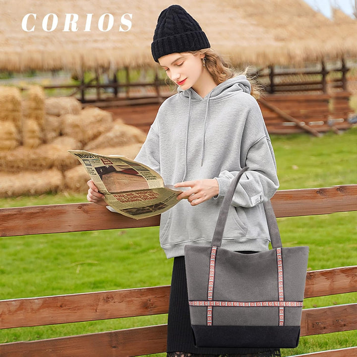 CORIOS Damen Henkeltaschen Canvas Tote Beutel Multifunktionale Henkeltasche Grosse Kapazität Schulte