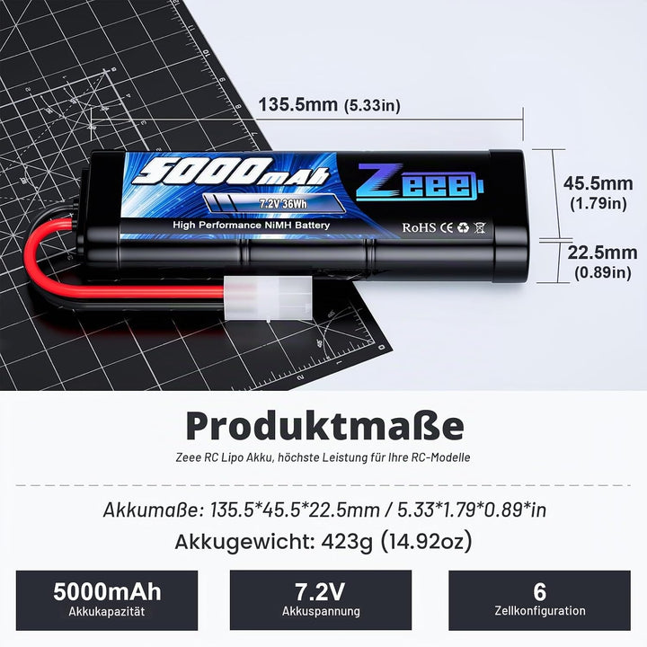 Zeee RC NiMH Akku 7,2V 5000mAh RC Auto RC LKW HPI Losi Kyosho Hobby für RC Cars Aeroplane Helicopter