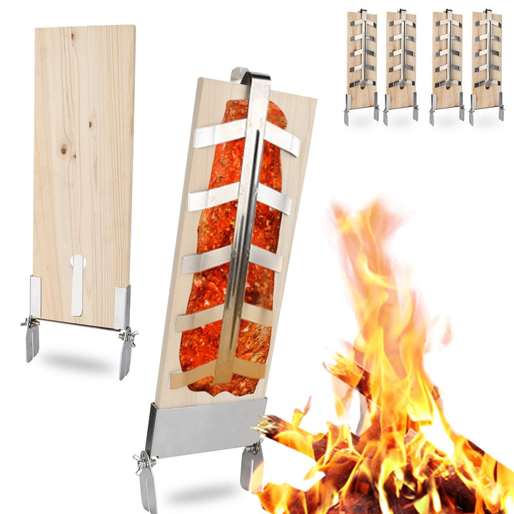 Flammlachsbretter 4er Set – Tannenholz Räucherbrett mit Edelstahl-Halterung (5-Fach verstellbar) – i