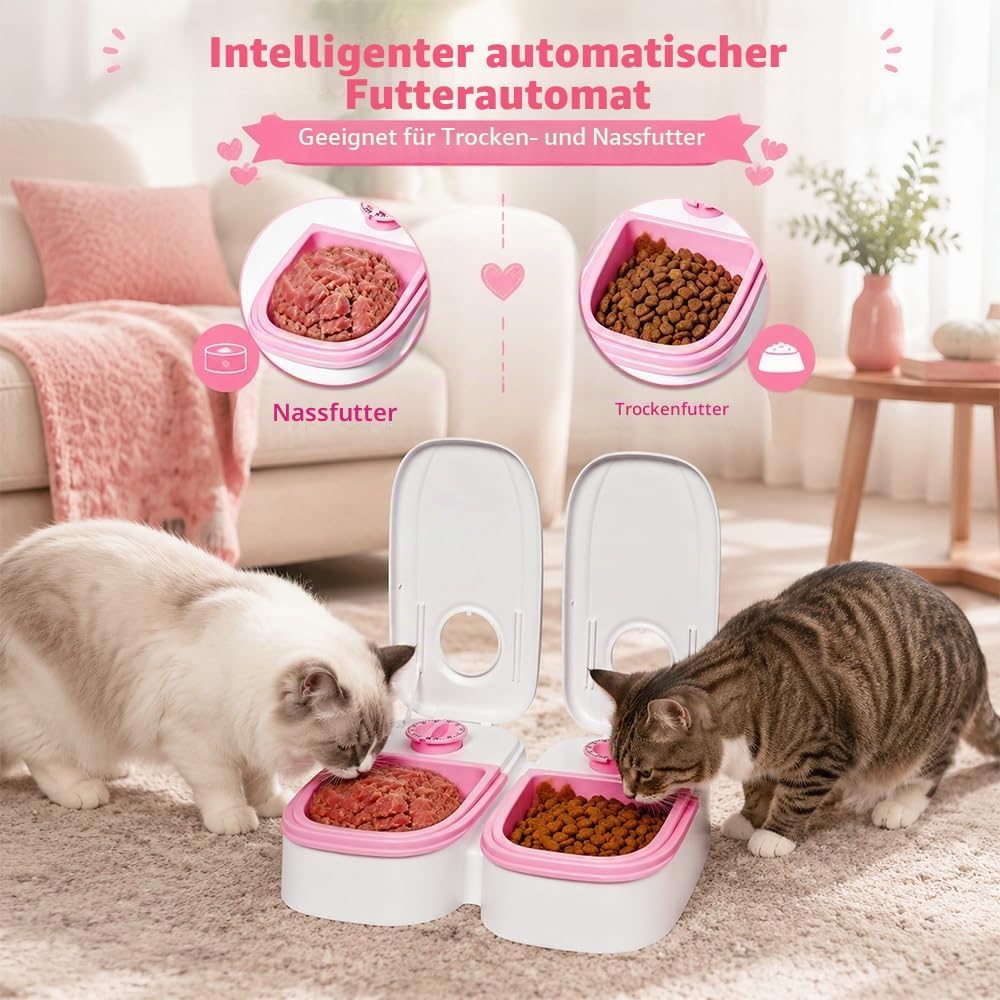 Futterautomat Katze, 2 Näpfe 700ML Katzenfutter Automat mit 48 Stunden Timer, Abnehmbarer Futterauto