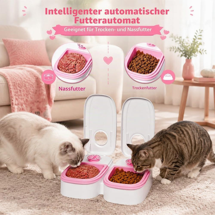 Futterautomat Katze, 2 Näpfe 700ML Katzenfutter Automat mit 48 Stunden Timer, Abnehmbarer Futterauto