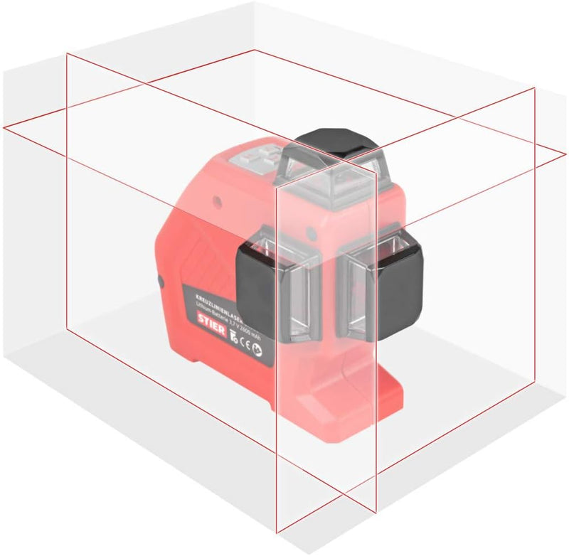 STIER Kreuzlinienlaser 3 x 360° Linien, 2 vertikale und 1 rote horizontale Linie, Lasermessgerät, Ar