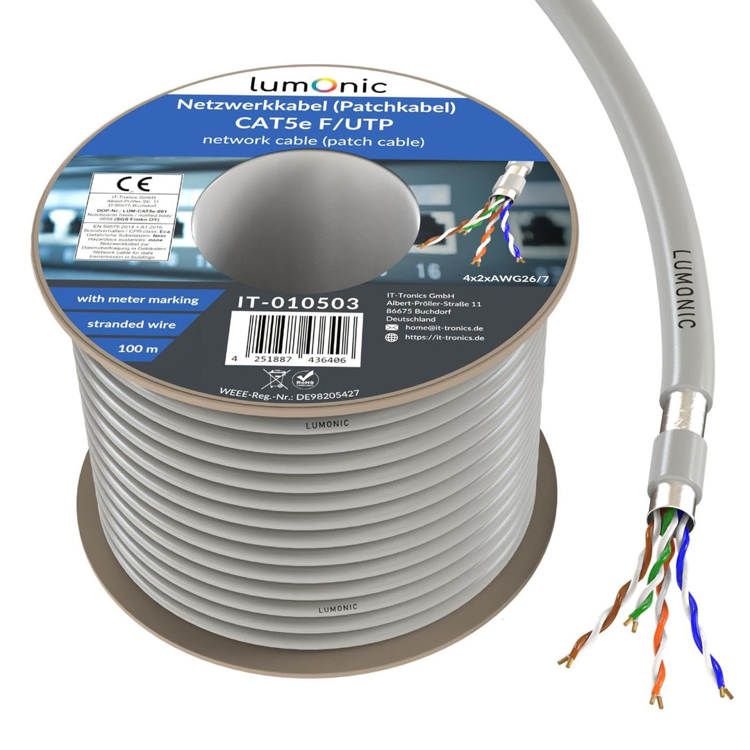 Lumonic LAN Netzwerkkabel 100m | LAN Kabel CAT5e F/UTP | Patchkabel 4x 2x AWG26/7 (verseilt) | 100MH