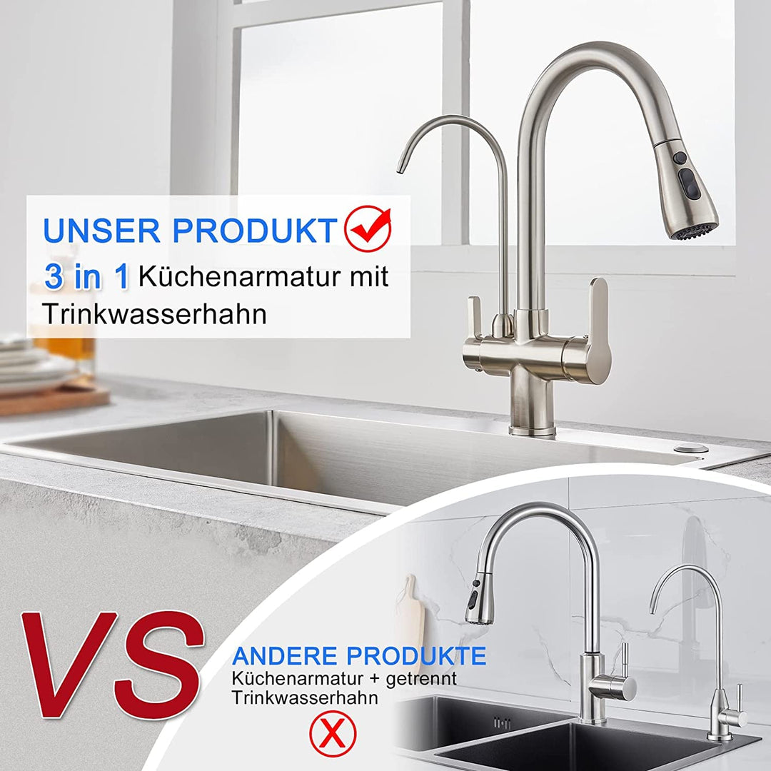 KEOKBON Filter-Küchenarmatur mit Trinkwasserhahn, 3-Wege-Küchenarmatur mit hohem Bogen, 3 in 1 Misch