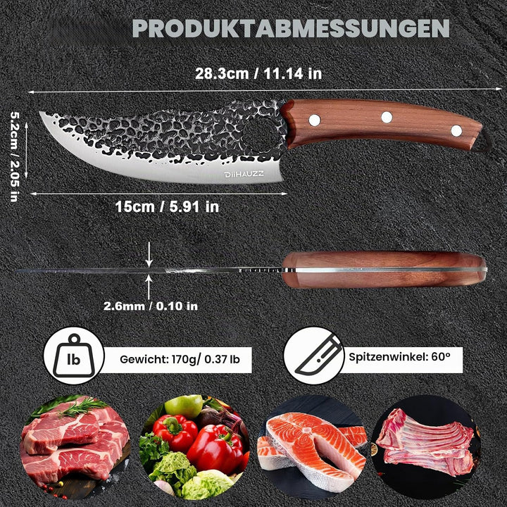 Küchenmesser, 15 cm Profi Kochmesser mit Lederscheide, Scharfe Klinge, Hochkohlenstoff-Edelstahl, Er
