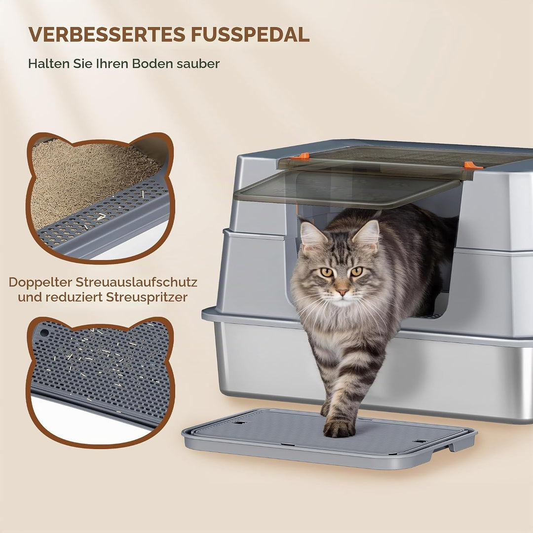Edelstahl Katzenklo mit Deckel, XXXL Geschlossene Metall Katzentoilette, 70 x 50 x 45 cm, 105° Klapp