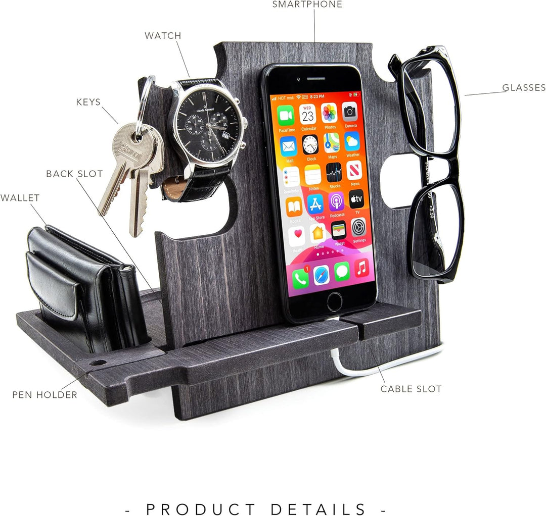 Personalisierte Dockingstation, Smartphone-Ständer - Nachttischhalter aus Holz, Geschenkidee für Män