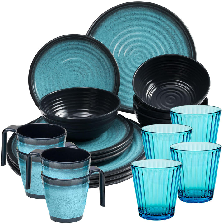 Melamin Geschirr Set 20 Teile elegante Steingut Optik in blau mit Tassen Wasserglas 360 ml blau - fü