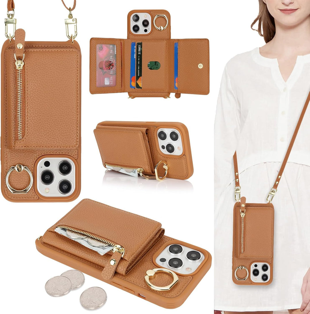 ELTEKER Handyhülle für iPhone 15 Pro Max Hülle mit Band Kartenfach Handykette Ringhalterung Geldbörs