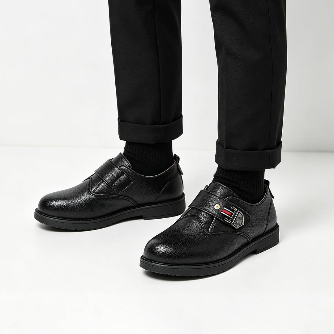 DADAWEN Anzugschuhe für Kinder Jungen Klettverschluss Halbschuhe Schule Uniformschuhe, 33 EU Schwarz