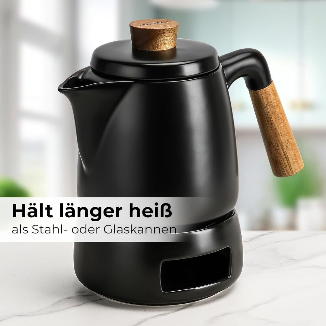 MIAMIO-Teeservice mit Teekanne Keramik (1l) mit Stövchen (Schwarz) | Teeset Teekanne &amp; Stövchen, Tee