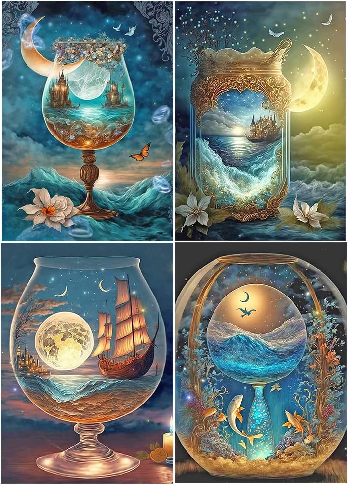 Diamond Painting 4er Set 40x50 cm 5D Diamant Painting Bilder Erwachsene Weinglas Flasche Segelboot S