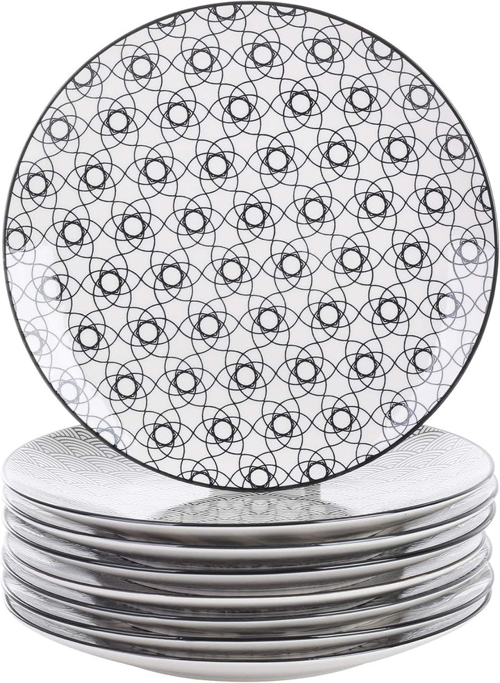 vancasso, Haruka 8 teilig Porzellan Speiseteller Set, Ø 26,5 cm Flachteller für Tafelservice, Schwar