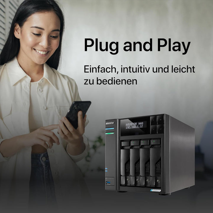 Asustor Lockerstor 4 Gen 2 AS6704T | 4 Bay NAS - Netzwerkspeicher Gehäuse, Quad Core 2.0GHz CPU, 4 M
