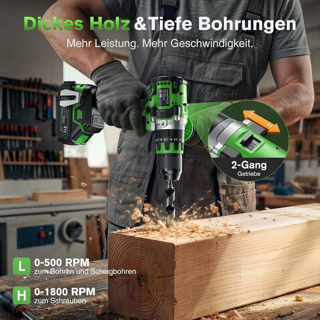 Ginour 21V Bürstenlos Akku Schlagbohrschrauber Set, 90 Nm, 2x2Ah 10C Akku, kompatibel mit Makita 18V