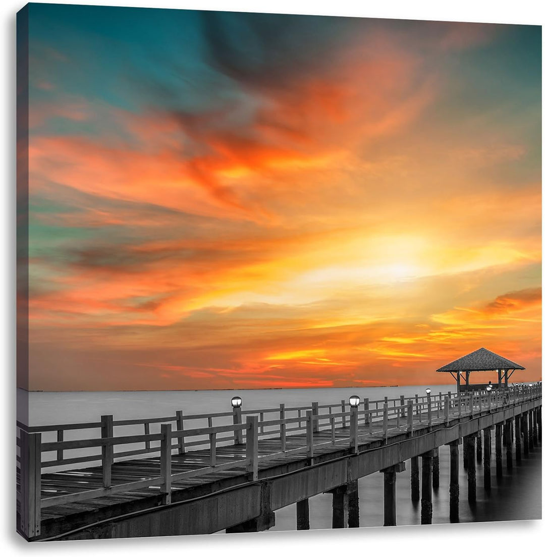 Pixxprint Steg ins Meer bei Sonnenuntergang als Leinwandbild | Grösse: 70x70 cm | Wandbild | Kunstdr
