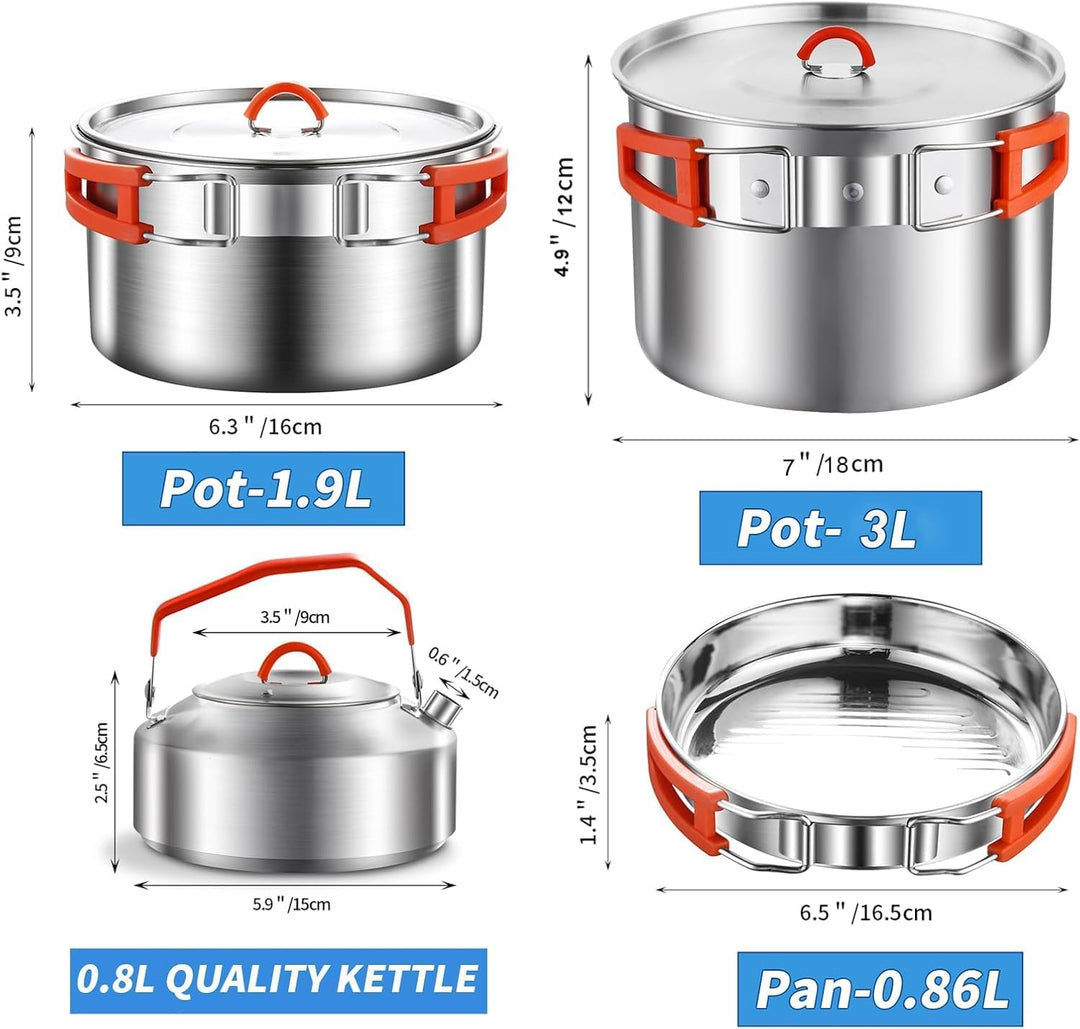 Camping Kochgeschirr Set,Camping Koch Set,304 Edelstahl Campingtöpfe und Pfannen Set,Campinggeräte f