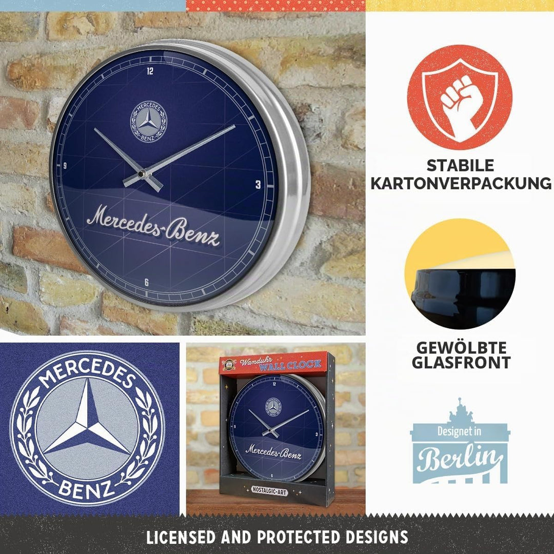 Nostalgic-Art Retro Wanduhr, Ø 31 cm, Mercedes-Benz – Silver & Blue – Geschenk-Idee für Mercedes-Ben