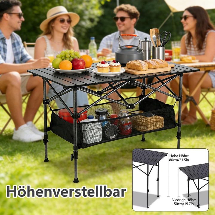 Campingtisch Klappbar, Klapptisch Höhenverstellbar 50-80cm, Camping Tisch Faltbar mit Netztasche &amp; T