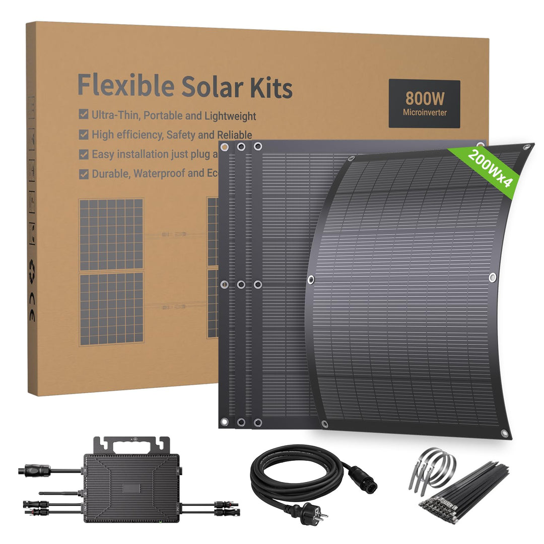 Balkonkraftwerk 800W Komplett mit Steckdose, 4x 200W Solarpanel Flexibel & Wechselrichter 800W, Plug