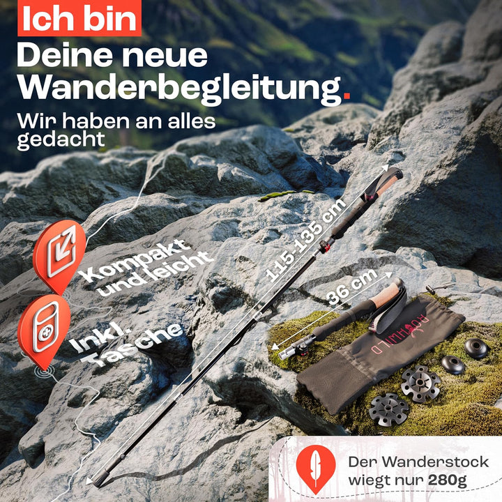 Rothwild Wanderstöcke faltbar – Trekkingstöcke Modell Luchs mit Korkgriff – Länge verstellbar – leic