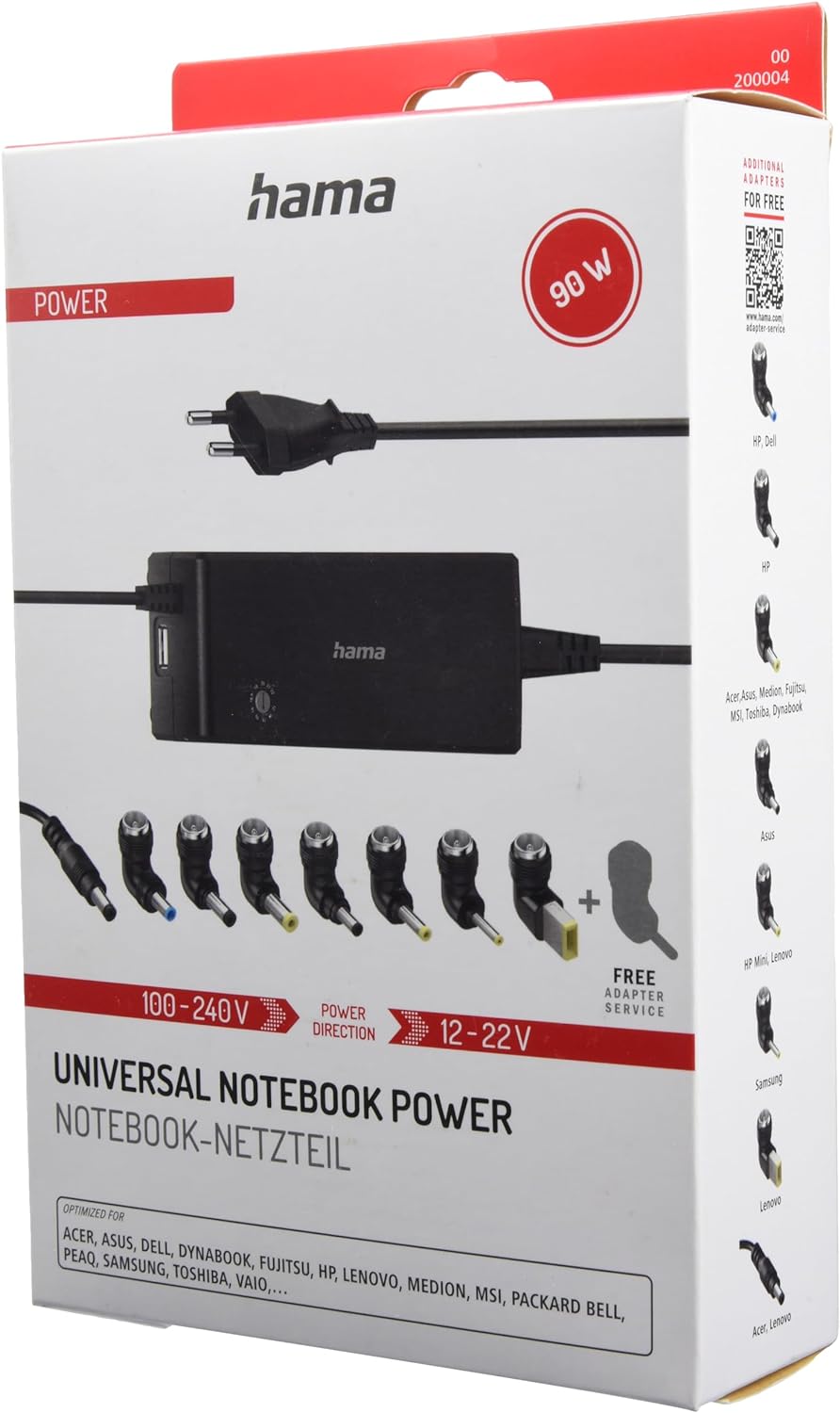 Hama Notebook Netzteil 12 V, 14 V, 15 V, 16 V, 18 V, 18.5 V, 19 V, 19.5 V, 20 V, 21 V, 22 V, 90W (Un