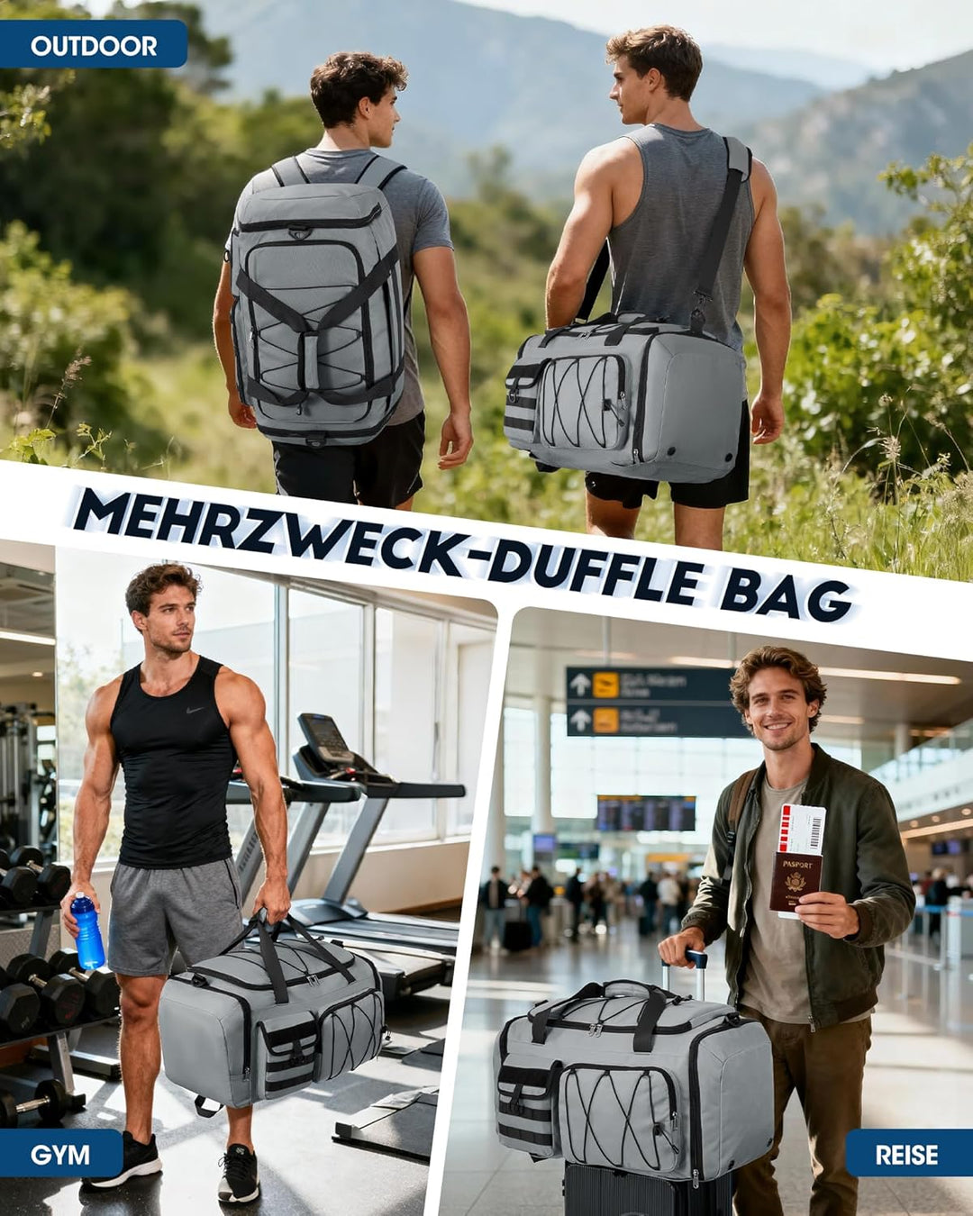 RAINSMORE 45L Sporttasche Herren Damen, 3-IN-1 Reisetasche mit Schuhfach Nassfach, Wasserdicht Gym D