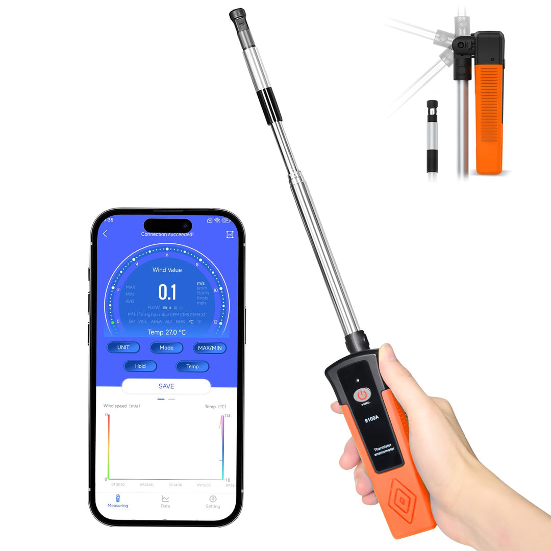 SURLABA Hitzdraht-Anemometer, XF-9100A CFM Luftgeschwindigkeitsmesser Bluetooth-APP-Verbindung, Outd