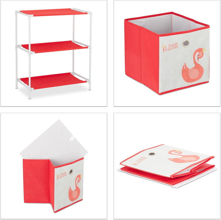 Relaxdays Kinderregal mit 4 Boxen, Spielzeug, Mädchen, Schwan-Design, Regal Kinderzimmer, HBT: 62 x