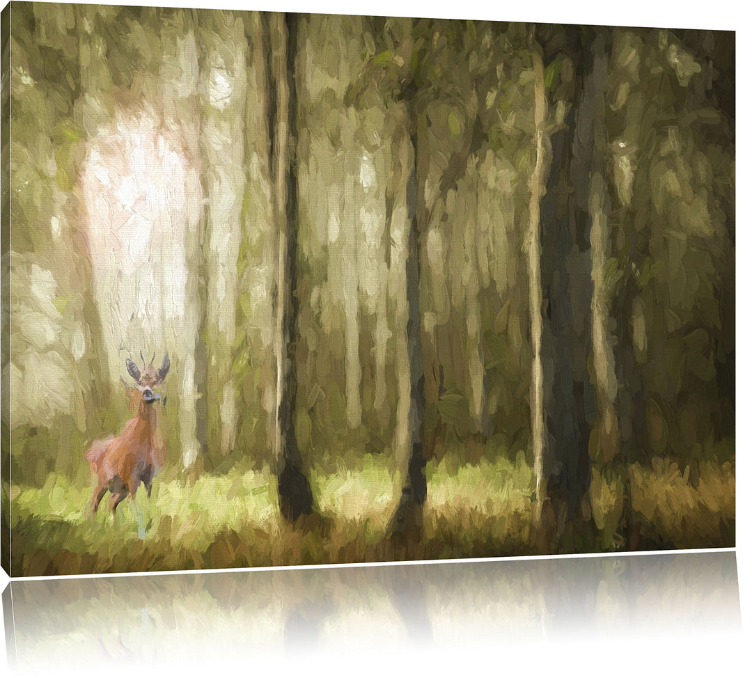 Pixxprint Einsamer Hirsch im tiefen Wald Kunst Pinsel Effekt, Format: 100x70 auf Leinwand, 100x70