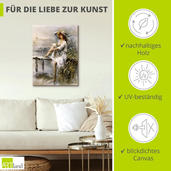 ARTland Leinwandbilder Wandbild Bild auf Leinwand 30x40 cm Wanddeko Frau Natur See Landschaft Steg G