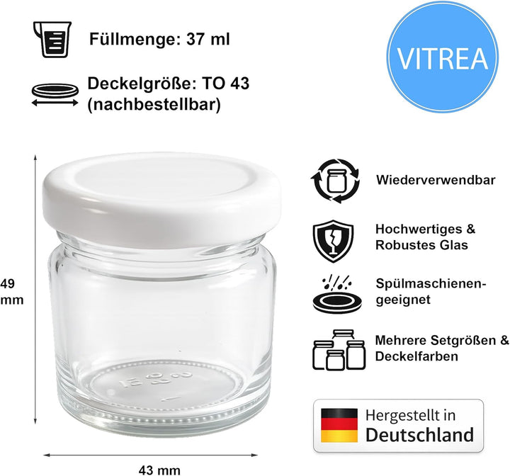 Vitrea 50x Mini Marmeladengläser 37 ml - mit Deckel Weiss TO 43 - kleine Einmachgläser zum befüllen
