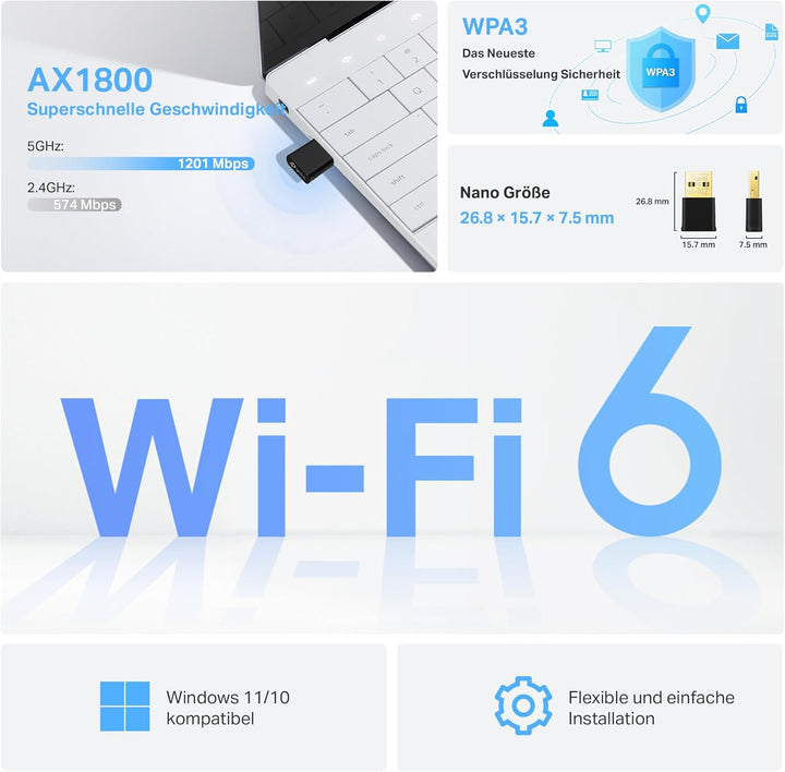 TP-Link Archer TX20U Nano WLAN Stick Für PC, WiFi 6 AX1800 Dual Band WLAN Adapter, Nano Grösse, WPA3