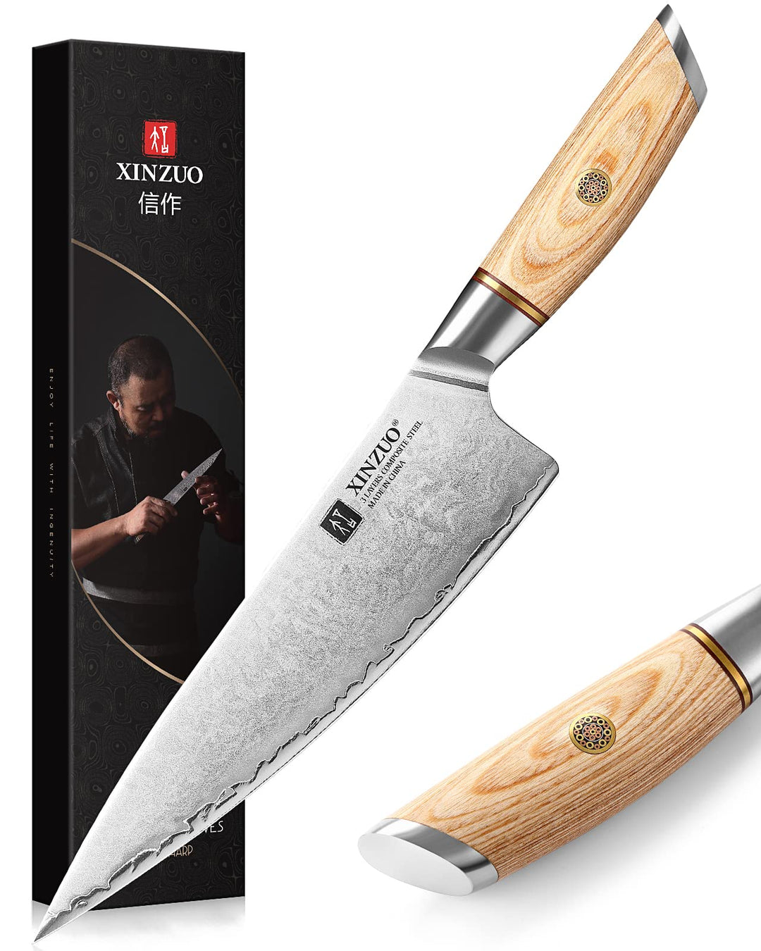 XINZUO 21.2cm Kochmesser Verbundstahl 10Cr15CoMoV, Profi Chefmesser Edelstahl Küchenmesser 3 Schicht