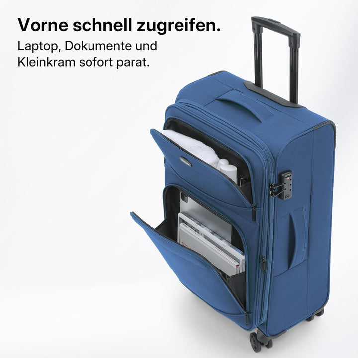 Stoffkoffer erweiterbar mit Frontfächern,15% Extra-Volumen, TSA-Schloss, 360° Doppelrollen & verdeck