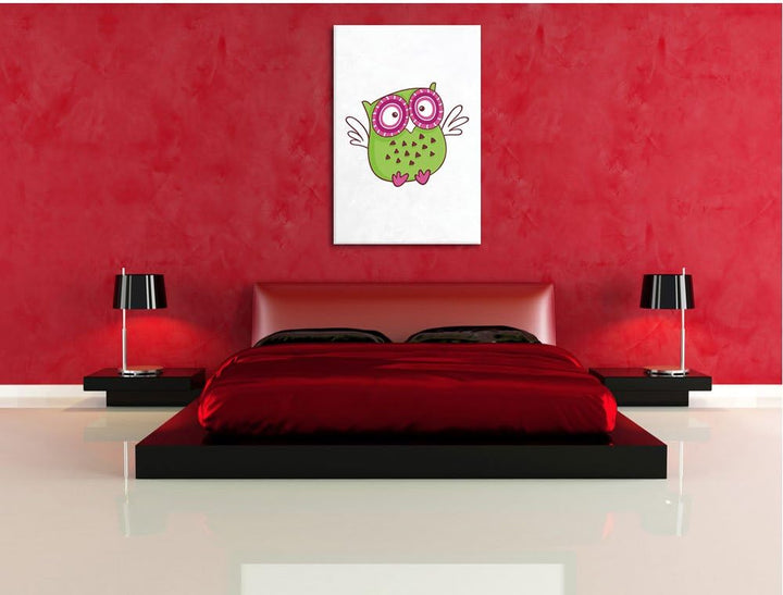 Pixxprint Lustige grüne Eule fliegend weiss, Format: 70x100 auf hochkantiges Leinwandbild, XXL riesi