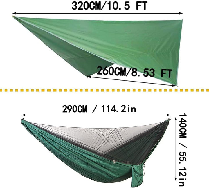 Camping Hängematten Set, Einzel Doppel Hängematte, Moskitonetz, Insektennetz, Regenfliege, hochfeste
