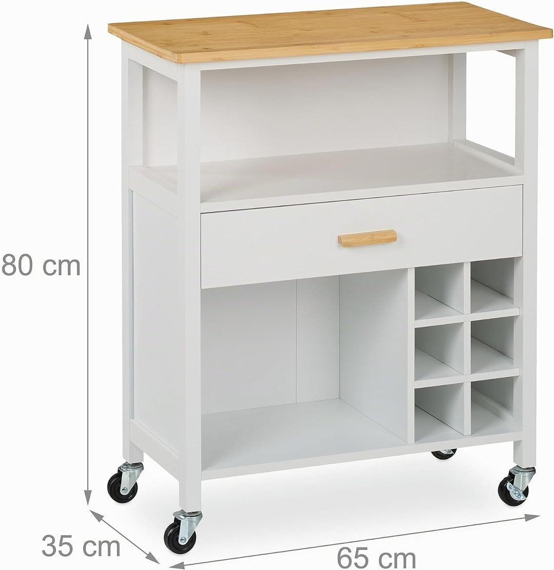 Relaxdays Küchenwagen, Weinregal für 6 Flaschen, Schublade, 2 Fächer, 80x65x35 cm, Bambus Arbeitspla