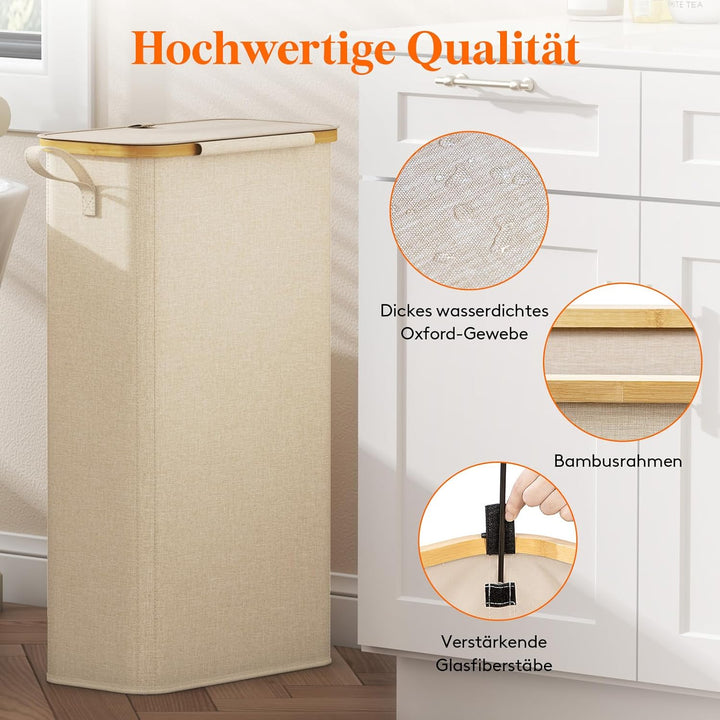 Lifewit 65L Wäschekorb Schmal mit Deckel, Faltbarer Wäschesammler Schmal mit Wäschesack, Laundry Bas