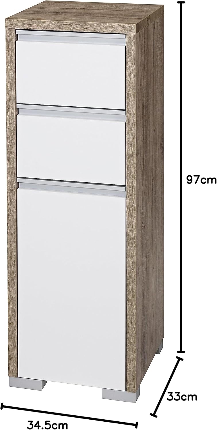 Schildmeyer Bello Midischrank 138176, wildeiche Dekor/weiss glanz, 34,5 / 33 / 97 cm Wildeiche Dekor