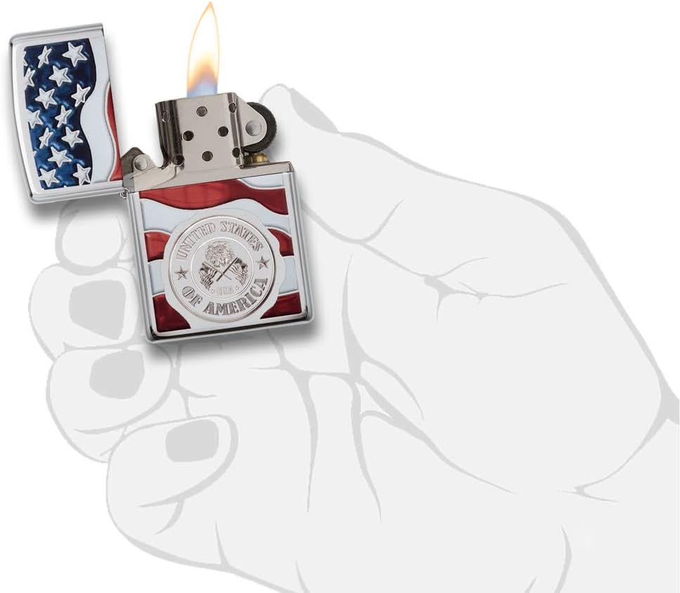 Zippo American Stempel auf Flagge Winddicht Feuerzeug – Chrom poliert American Stam On Flag, America