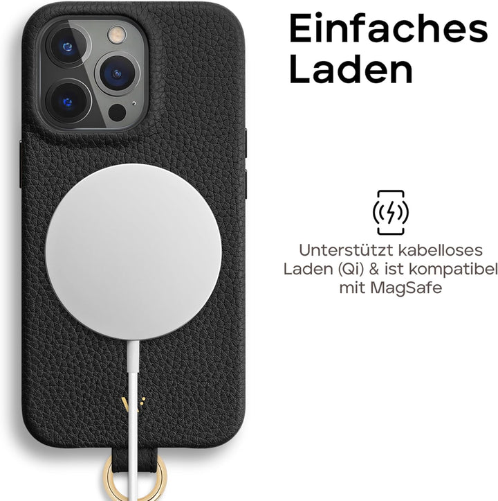 WIIUKA Hülle für iPhone 14 Pro, Leder aus Deutschland, Lederhülle Handykette, Premium Handyhülle, Ca